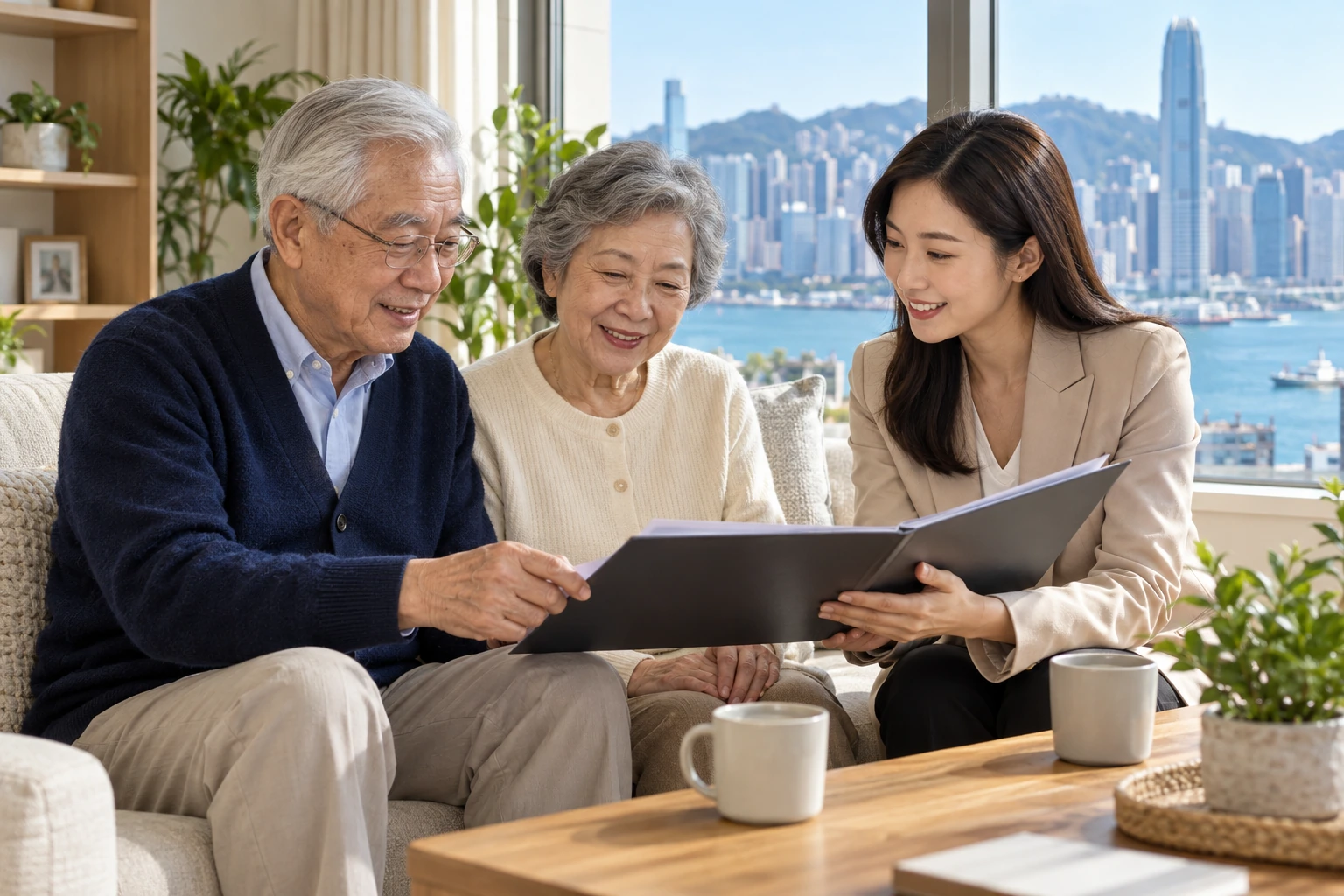 退休夫婦與顧問閱讀保單資料